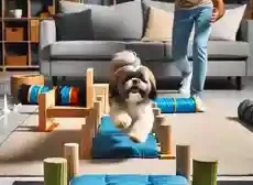 How to Stop Leash Pulling in 5 Minutes A dog safely navigating an obstacle course set up in the living room demonstrating agility and obedience