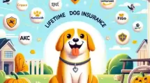 10 Best Lifetime Dog Insurance Providers An illustration featuring a happy dog surrounded by icons or logos representing the 10 best lifetime dog insurance providers mentioned.