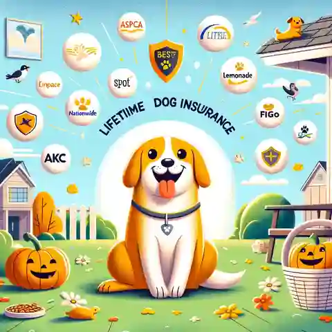 10 Best Lifetime Dog Insurance Providers An illustration featuring a happy dog surrounded by icons or logos representing the 10 best lifetime dog insurance providers mentioned.