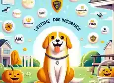 10 Best Lifetime Dog Insurance Providers a happy dog surrounded by icons or logos representing the 10 best lifetime dog insurance providers mentioned.