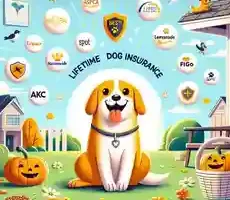 10 Best Lifetime Dog Insurance Providers a happy dog surrounded by icons or logos representing the 10 best lifetime dog insurance providers mentioned.