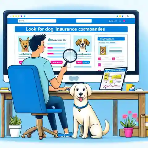 Best Lifetime Dog Insurance Providers An illustration for Step 1 Look for Insurance Companies, depicting a person researching on a computer