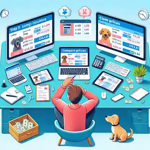 Best Lifetime Dog Insurance Providers An illustration for Step 3 Compare Prices, depicting a pet owner sitting at a desk