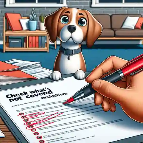 Best Lifetime Dog Insurance Providers An illustration for Step 5 Check What’s Not Covered, featuring a pet owner marking a list of exclusions on an insurance policy