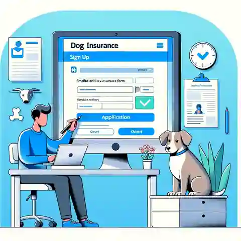 Best Lifetime Dog Insurance Providers An illustration for Step 8 Sign Up, depicting a pet owner filling out an online insurance form on a computer