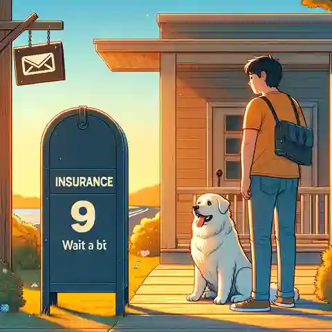 Best Lifetime Dog Insurance Providers An illustration for Step 9 Wait a Bit, showing a pet owner and their dog waiting by a mailboxwebp