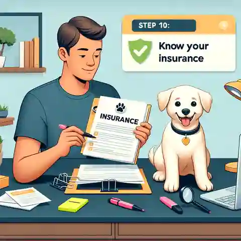 Best Lifetime Dog Insurance Providers Create an illustration for Step 10 Know Your Insurance, depicting a pet owner organizing insurance documents into a folder
