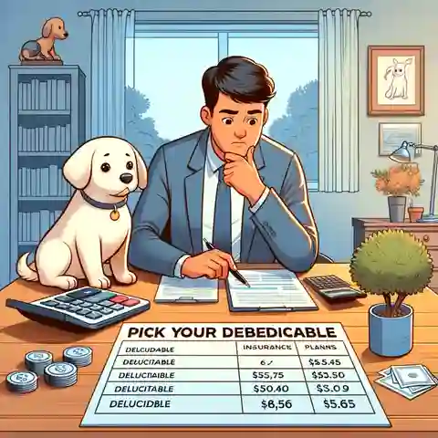 Best Lifetime Dog Insurance Providers Create an illustration for Step 6 Pick Your Deductible, showing a pet owner sitting at a table with a calculator and financial documents