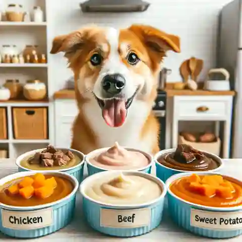 Can Baby Food Replace a Dog's Regular Diet A dog happily choosing between bowls of baby food with labels indicating different flavors