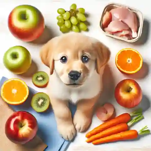 Can Dogs Eat Chicken Bones Safe Alternatives to Grapes A happy and safe puppy surrounded by puppy safe snacks like carrots, apples, and plain cooked chicken