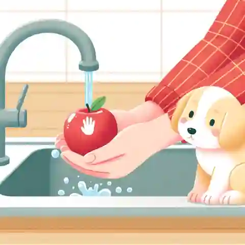 Can Puppies Eat Apples An illustration showing a hand washing an apple under tap water, making sure it's clean before giving it to a puppy
