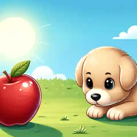 Can Puppies Eat Apples An illustration showing a puppy looking curiously at a shiny, red apple on the ground