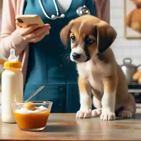 Can Puppies Eat Baby Food A puppy looking curiously at a small bowl of baby food, considering whether it's safe to eat