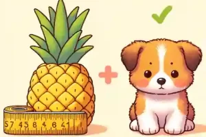 Can Puppies Eat Pineapple A cute illustration showing a young puppy next to a measuring tape, with small pineapple pieces sized appropriately for small and larger puppies