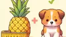 Can Puppies Eat Pineapple A cute illustration showing a young puppy next to a measuring tape with small pineapple pieces sized appropriately for small and larger puppies2