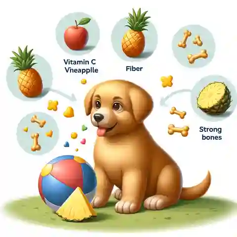 Can Puppies Eat Pineapple An educational illustration showing a puppy experiencing the benefits of eating pineapple, with visible symbols of vitamin C, fiber, and strong bones