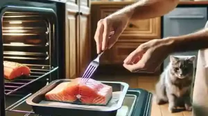 How to Cook Salmon for Dogs A kitchen scene where a person is carefully removing a fully cooked piece of salmon from the oven