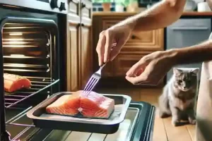 How to Cook Salmon for Dogs A kitchen scene where a person is carefully removing a fully cooked piece of salmon from the oven