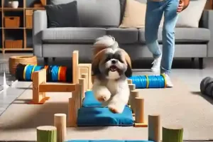 How to Stop Leash Pulling in 5 Minutes A dog safely navigating an obstacle course set up in the living room, demonstrating agility and obedience