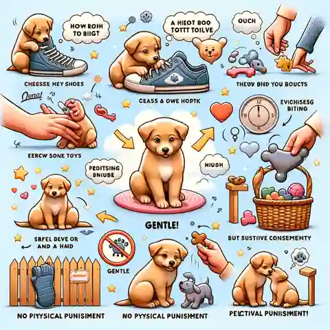 How to Teach a Puppy Not to Bite An illustration depicting various effective methods for teaching a puppy not to bite