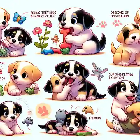 How to Teach a Puppy Not to Bite Illustration showing a group of playful puppies in various scenarios that depict the main reasons why puppies bite