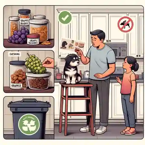 Is it OK for Dogs to Eat Grapes A detailed illustration showing a kitchen scene where grapes and raisins are stored safely out of a puppy's reach on high she