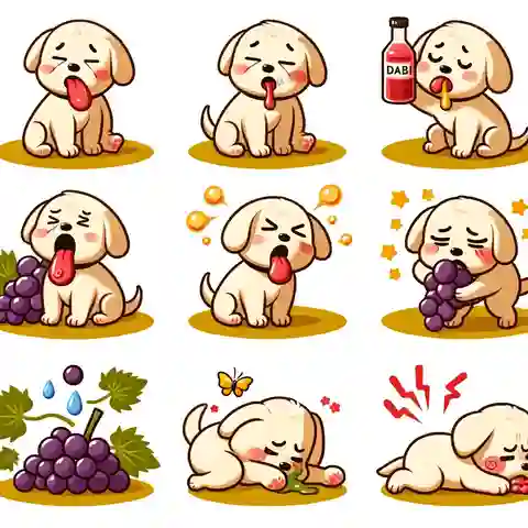 Is it OK for Dogs to Eat Grapes A series of images depicting a puppy showing various symptoms of grape poisoning vomiting, lethargy, and abdominal pain