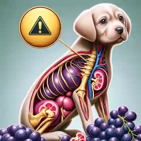 Is it OK for Dogs to Eat Grapes An illustration showing the internal anatomy of a puppy with a warning symbol to indicate the dangers