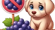 Is it OK for Dogs to Eat Grapes Can Puppies Eat Grapes A cartoon puppy looking curiously at a bunch of grapes on a table