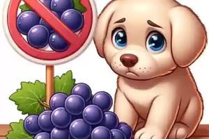 Is it OK for Dogs to Eat Grapes Can Puppies Eat Grapes A cartoon puppy looking curiously at a bunch of grapes on a table