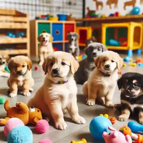 Modern Dog Training Methods A group of puppies in a puppy class at a dog training school, learning socialization skills