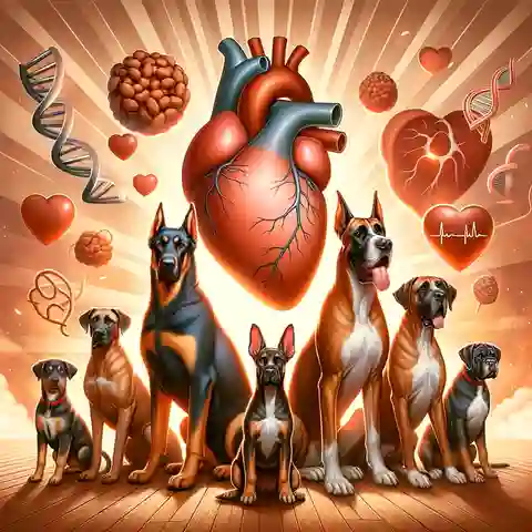 What Is Dilated Cardiomyopathy in Dogs An illustration of Causes Dilated Cardiomyopathy in Dogs, including a Doberman Pinscher, Great Dane, and Boxer.