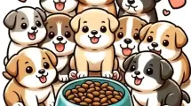 When Can Puppies Eat Wet Food A cute illustration of puppies around 4 to 6 weeks old eagerly gathering around a bowl filled with wet food, showcasing their excitement and readiness