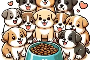 When Can Puppies Eat Wet Food A cute illustration of puppies around 4 to 6 weeks old eagerly gathering around a bowl filled with wet food, showcasing their excitement and readiness