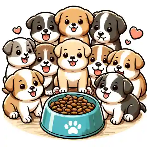 When Can Puppies Eat Wet Food A cute illustration of puppies around 4 to 6 weeks old eagerly gathering around a bowl filled with wet food, showcasing their excitement and readiness