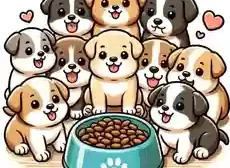 When Can Puppies Eat Wet Food A cute illustration of puppies around 4 to 6 weeks old eagerly gathering around a bowl filled with wet food showcasing their excitement and readiness2