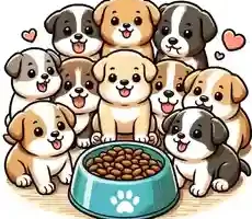 When Can Puppies Eat Wet Food A cute illustration of puppies around 4 to 6 weeks old eagerly gathering around a bowl filled with wet food showcasing their excitement and readiness2