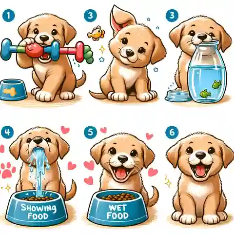 When Can Puppies Eat Wet Food A playful illustration depicting several clear signs that a puppy is ready for wet food