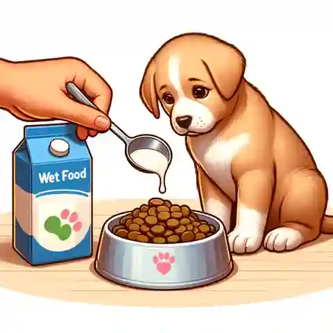 When Can Puppies Eat Wet Food An engaging illustration showing a person gently introducing wet food to a puppy by mixing a little bit of it with milk or water in a bowl