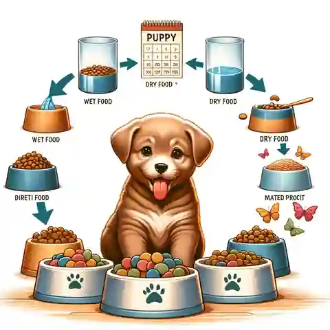 When Can Puppies Eat Wet Food An illustration depicting the gradual transition from wet to dry food for puppies