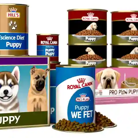 When Can Puppies Eat Wet Food An illustration featuring the logos and packaging of popular puppy wet food brands