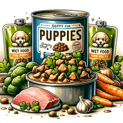 When Can Puppies Eat Wet Food An illustration showing a variety of wet food options for puppies, including cans and pouches of soft, moist dog food, all labeled for puppies