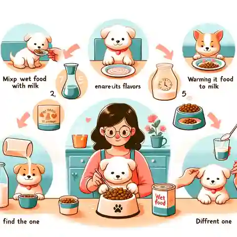 When Can Puppies Eat Wet Food Illustration depicting a variety of strategies to encourage a puppy to eat wet food, including mixing wet food with milks