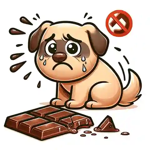 Why Chocolate is Not Good for Dogs A cartoon illustration of a dog with a sad expression, sitting next to an overturned chocolate bar, showing signs of tummy trouble