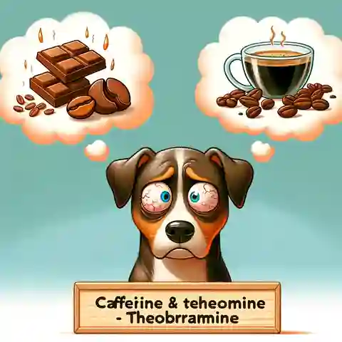 Why Chocolate is Not Good for Dogs An illustration showing a dog looking jittery and restless with thought bubbles containing images of chocolate and coffee beans, symbolizing the effec