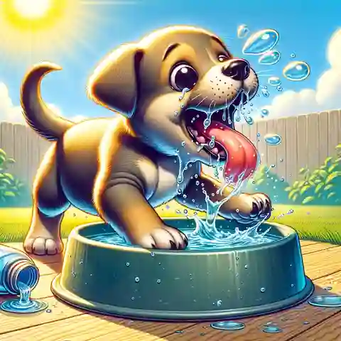 Why does my puppy have hiccups A humorous illustration of a puppy swallowing too much air while eagerly drinking from a large water bowl, leading to hiccups